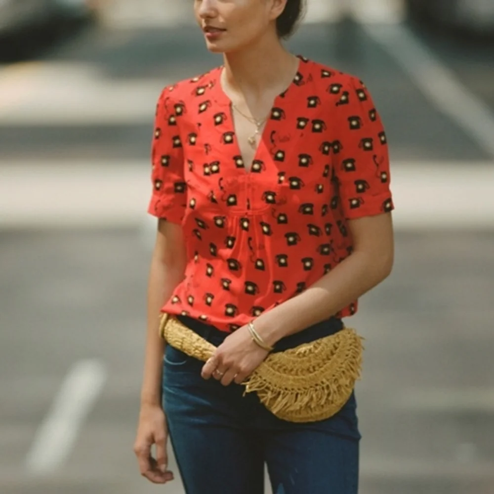 Anthropologie Conversations Limited Edition Whimsical Retro Telephone Blouse - Picture 3 of 4